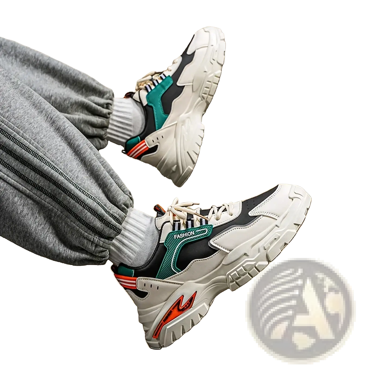 Men casual chunky sneakers in white black and teal with orange heel accents lightweight breathable design
