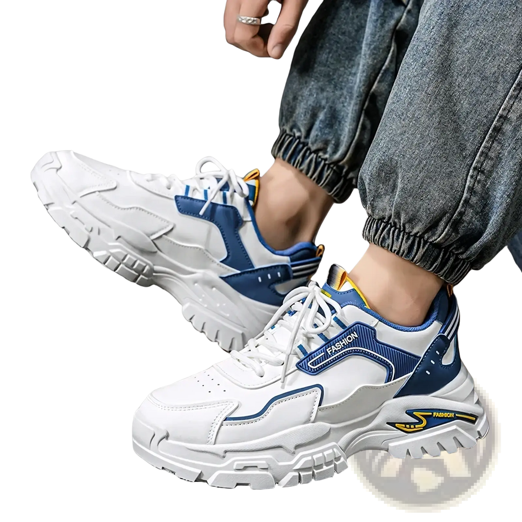 Men casual sneakers lightweight breathable chunky shoes in white and blue mesh with yellow accents and thick rubber sole