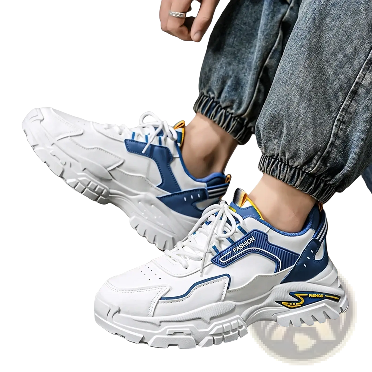 Men casual sneakers lightweight breathable chunky shoes in white and blue mesh with yellow accents and thick rubber sole