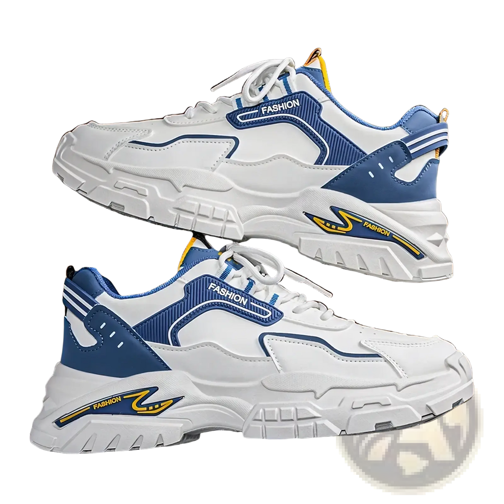 Men casual sneakers lightweight breathable chunky shoes in white and blue with yellow accents and fashion branding