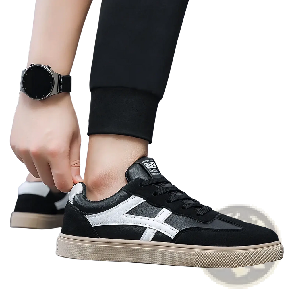 Men casual sneakers lightweight walking shoes in black and white suede with classic athletic design and white side stripes