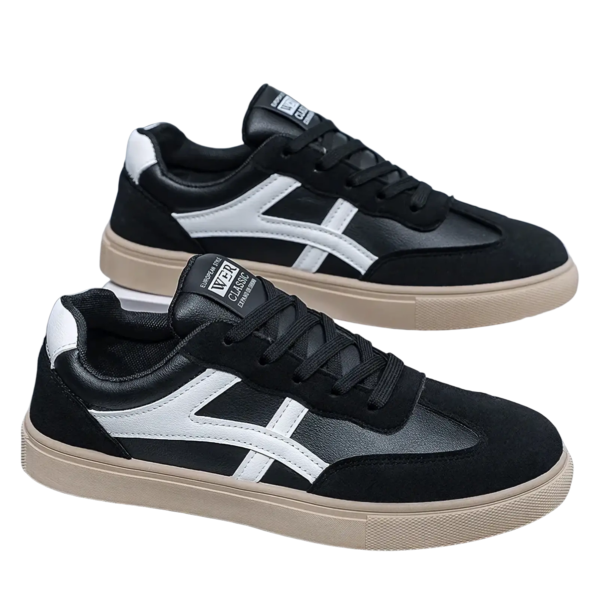 Men casual sneakers lightweight walking shoes in black and white suede and leather with beige rubber sole and iver classic branding