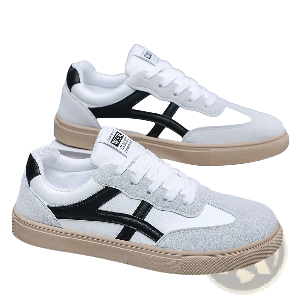 Men casual sneakers lightweight walking shoes in white and black suede with beige rubber sole and classic athletic design