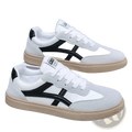 Men casual sneakers lightweight walking shoes in white and black suede with beige rubber sole and classic athletic design