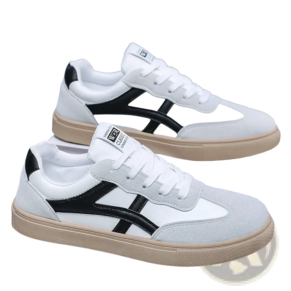 Men casual sneakers lightweight walking shoes in white and black suede with beige rubber sole and classic athletic design