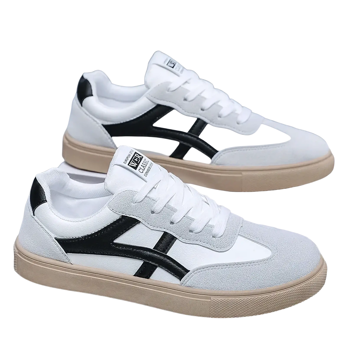 Men casual sneakers lightweight walking shoes in white and black suede with beige rubber sole and classic athletic design