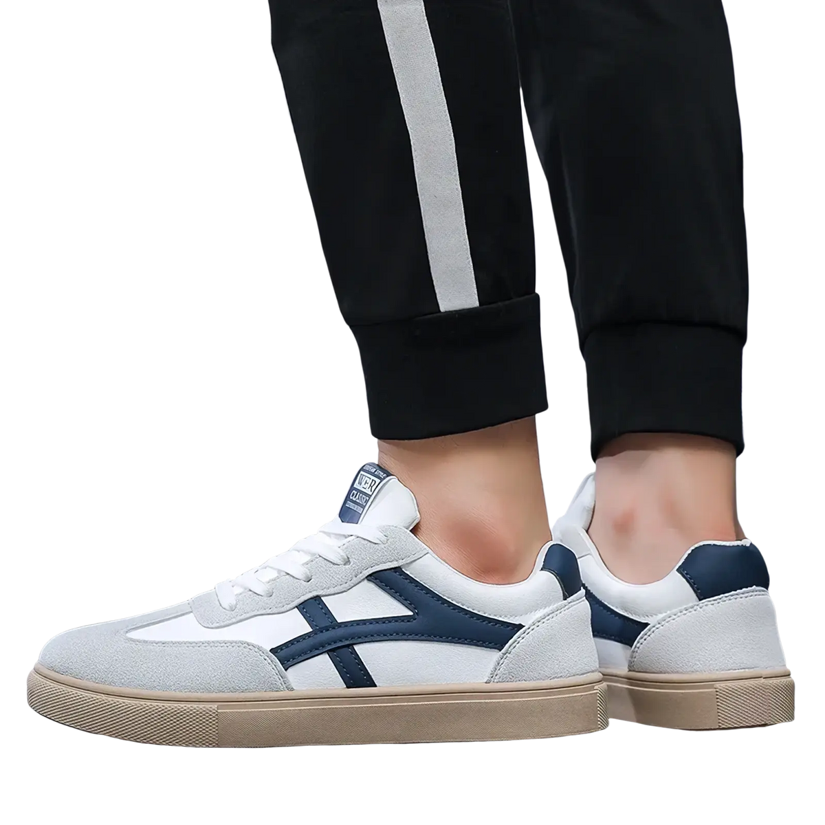 Men casual sneakers lightweight walking shoes in white and navy blue suede with a beige rubber sole