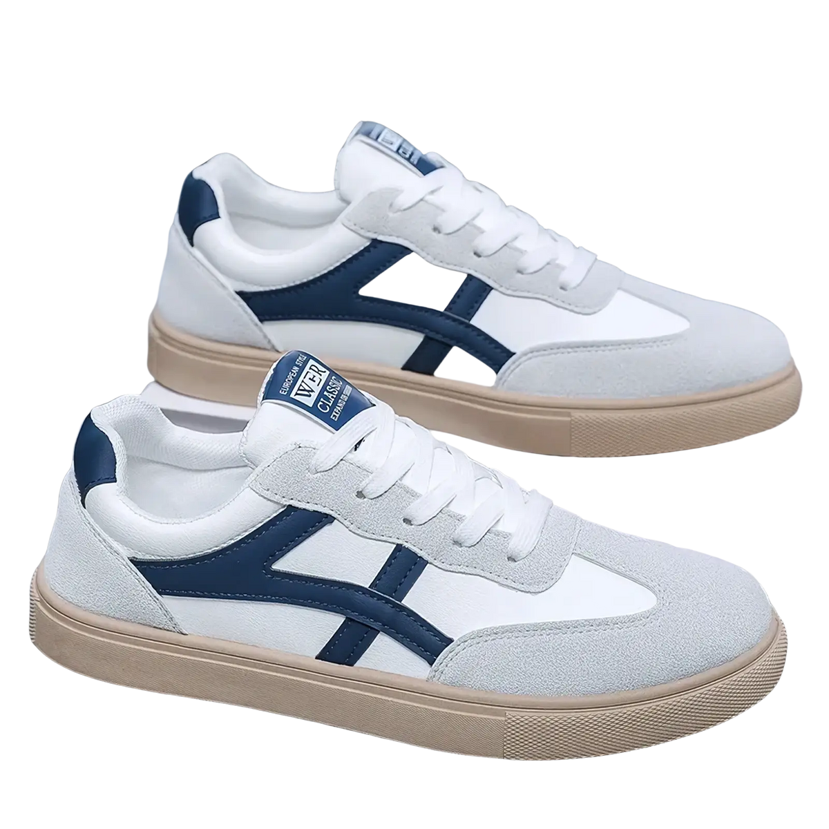 Men casual sneakers lightweight walking shoes in white and navy blue suede with beige rubber soles and classic design