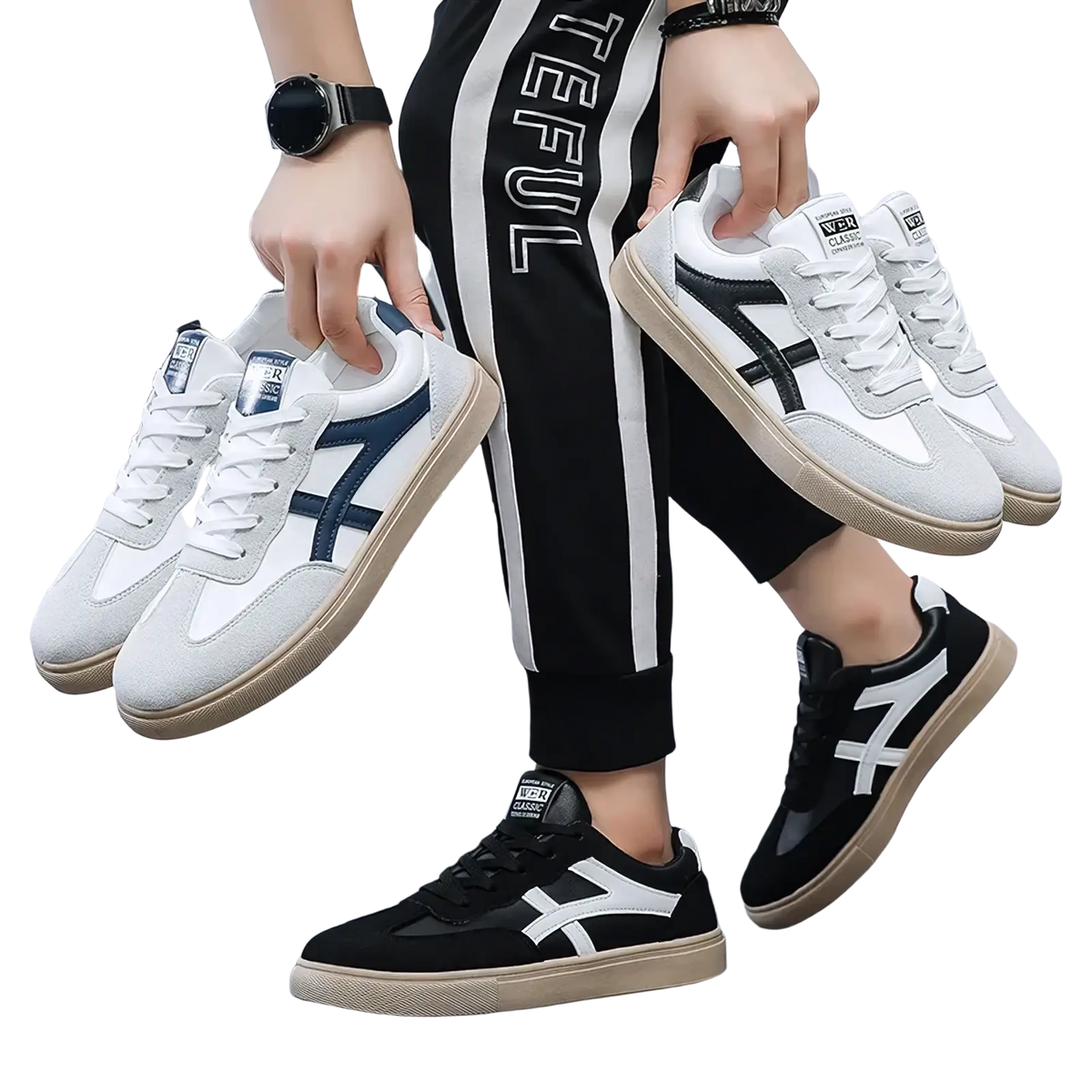 Men casual sneakers lightweight walking shoes in white and navy blue with classic cross design and suede canvas materials