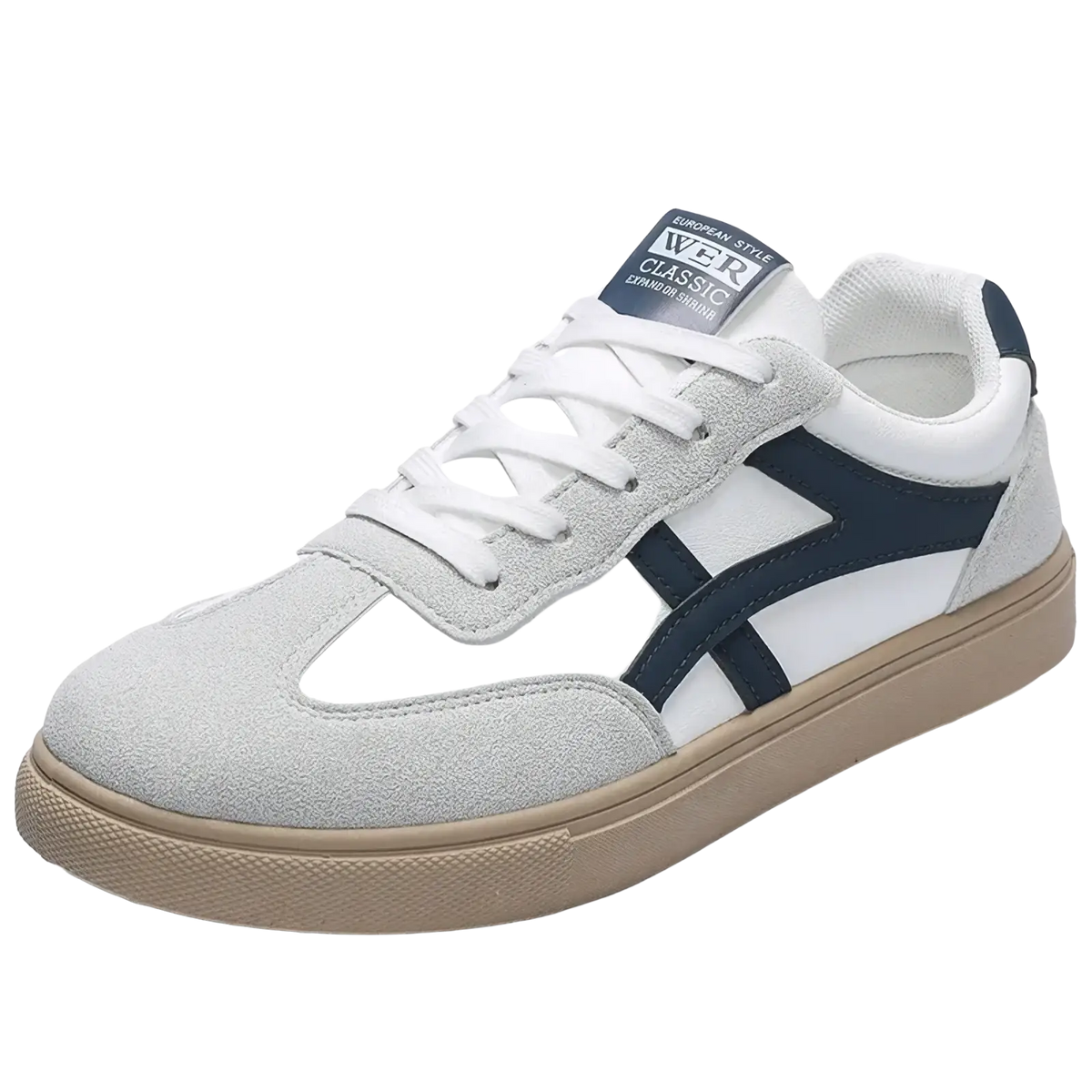 Men casual sneakers lightweight walking shoes in white and navy blue suede and leather with beige rubber sole