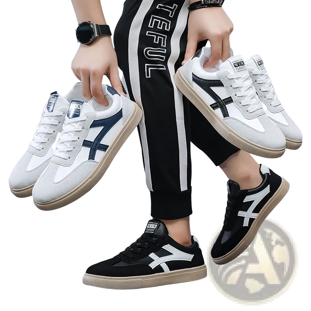 Men casual sneakers lightweight walking shoes in white and navy blue with classic cross design and suede canvas materials
