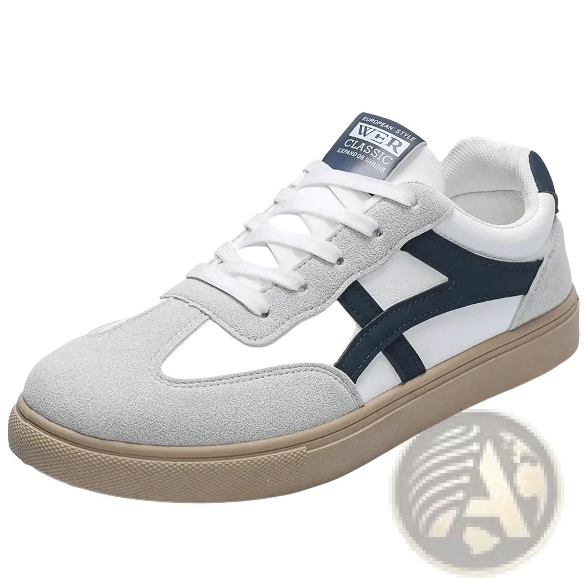 Men casual sneakers lightweight walking shoes in white and navy blue suede and leather with beige rubber sole