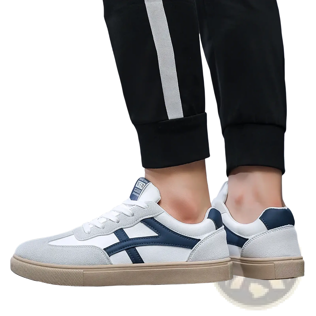 Men casual sneakers lightweight walking shoes in white and navy blue suede with a beige rubber sole