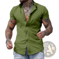 Men casual solid color short sleeve button up shirt in olive green with black buttons for everyday wear
