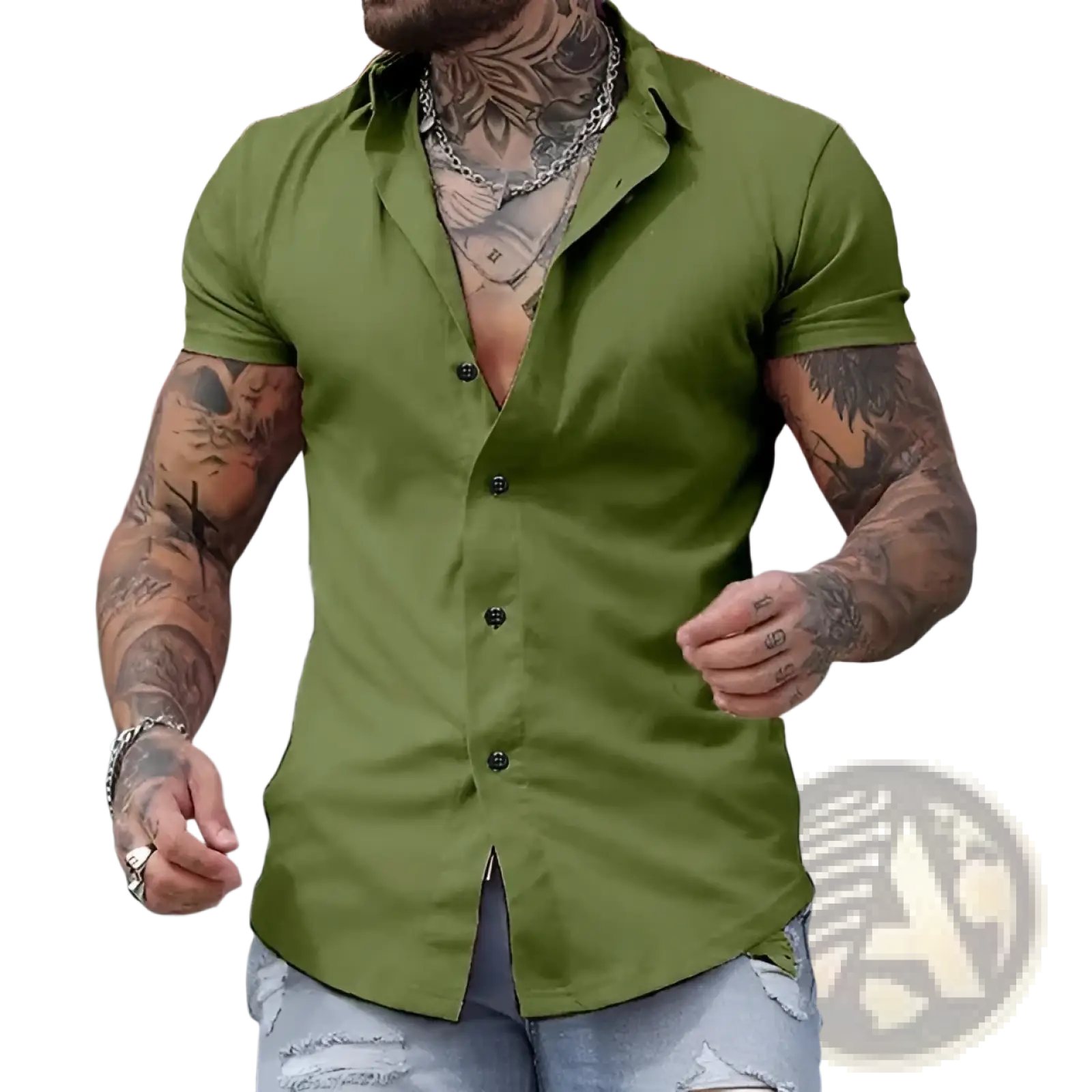 Men casual solid color short sleeve button up shirt in olive green with black buttons for everyday wear