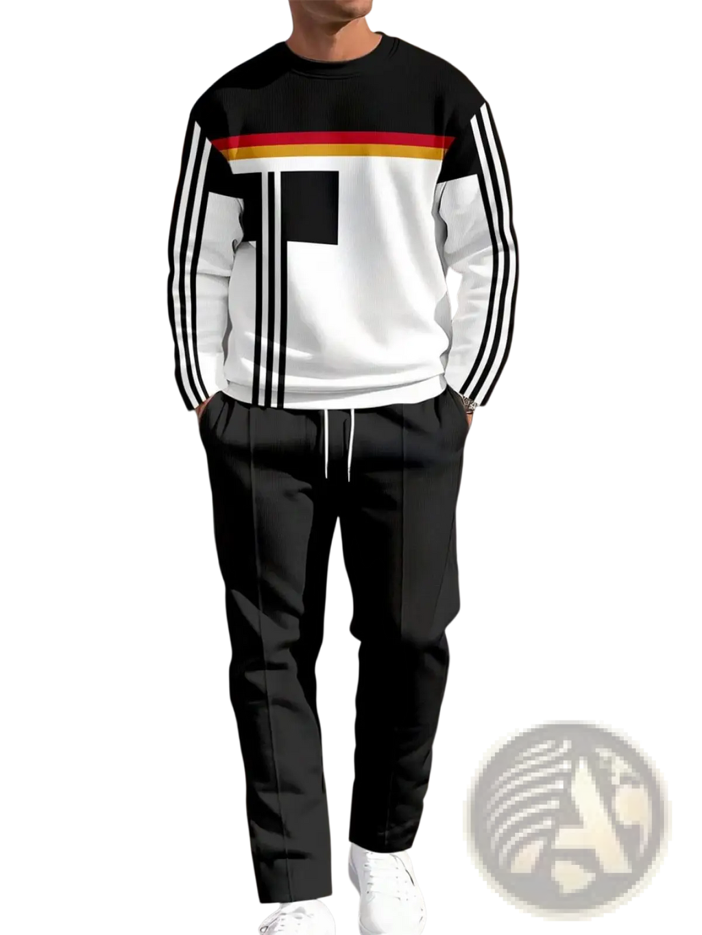 Men casual sporty sweatshirt and pants two piece set with black and white sweatshirt featuring bold red yellow and black stripes