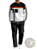 Men casual sporty sweatshirt and pants two piece set with black and white sweatshirt featuring bold red yellow and black stripes