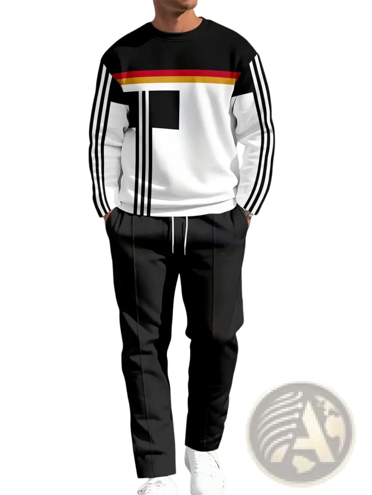 Men casual sporty sweatshirt and pants two piece set with black and white sweatshirt featuring bold red yellow and black stripes