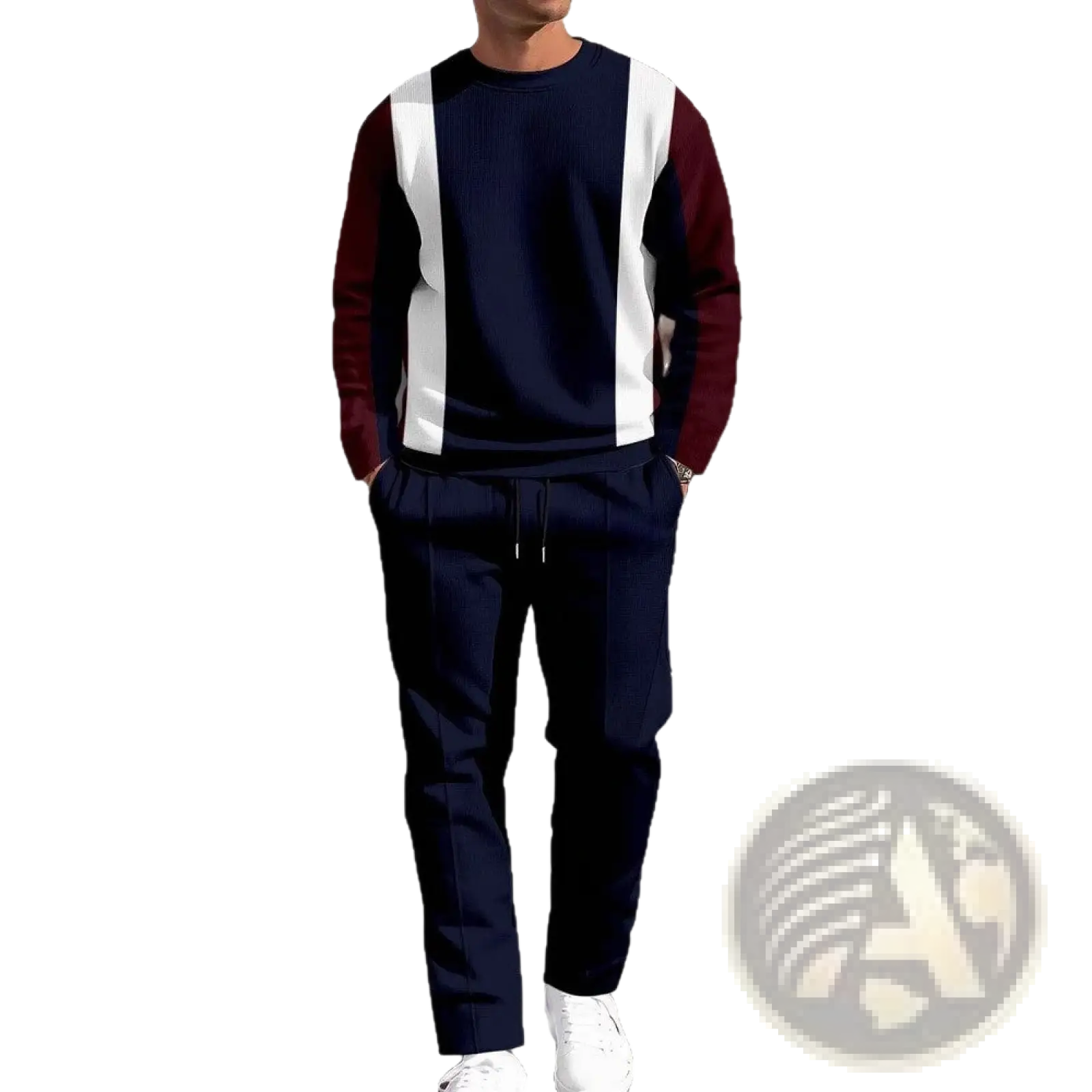 Men casual sporty sweatshirt and pants two piece set in navy blue and maroon with white vertical stripes on the torso