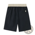 Back view of men casual straight cut nylon shorts in black with a beige elastic waistband and white logo patch