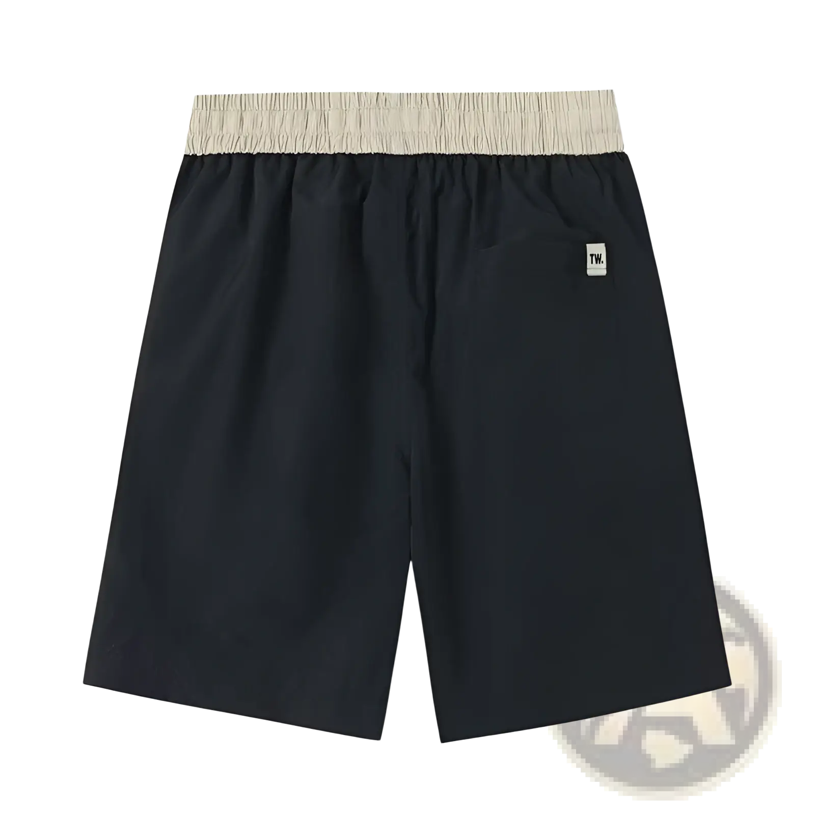 Back view of men casual straight cut nylon shorts in black with a beige elastic waistband and white logo patch
