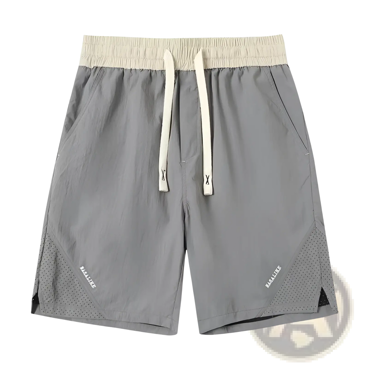 Men casual straight cut nylon shorts in gray with beige elastic waistband and perforated side panels for breathability