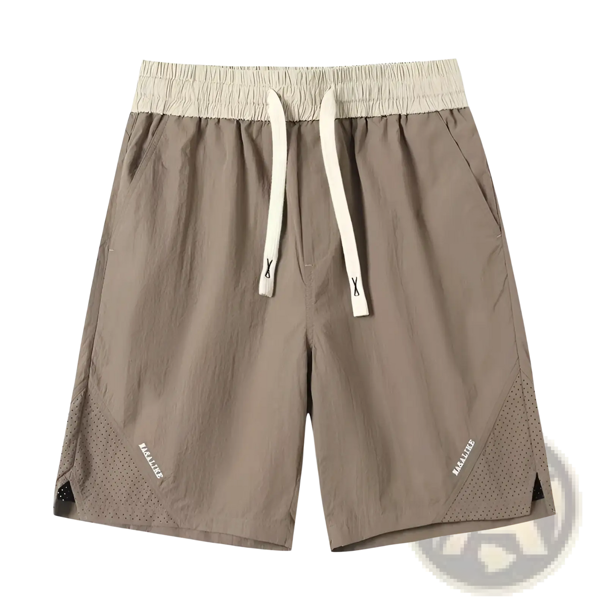 Men casual straight cut nylon shorts in beige with elastic waistband white drawstrings and perforated breathable side panels