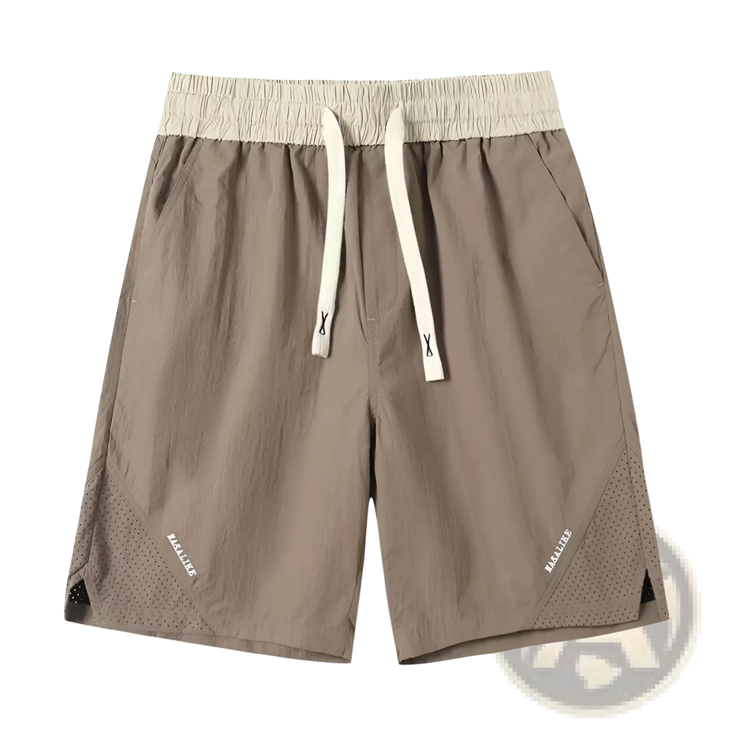 Beige men casual straight cut nylon shorts with elastic waistband white drawstrings and perforated breathable side panels