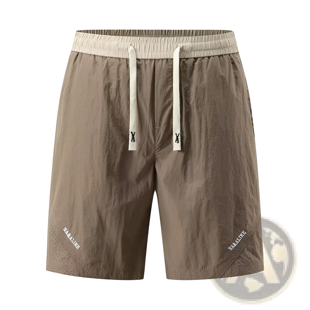 Beige nylon men casual straight cut shorts with matching drawstring waistband and subtle m&lite branding on lower legs