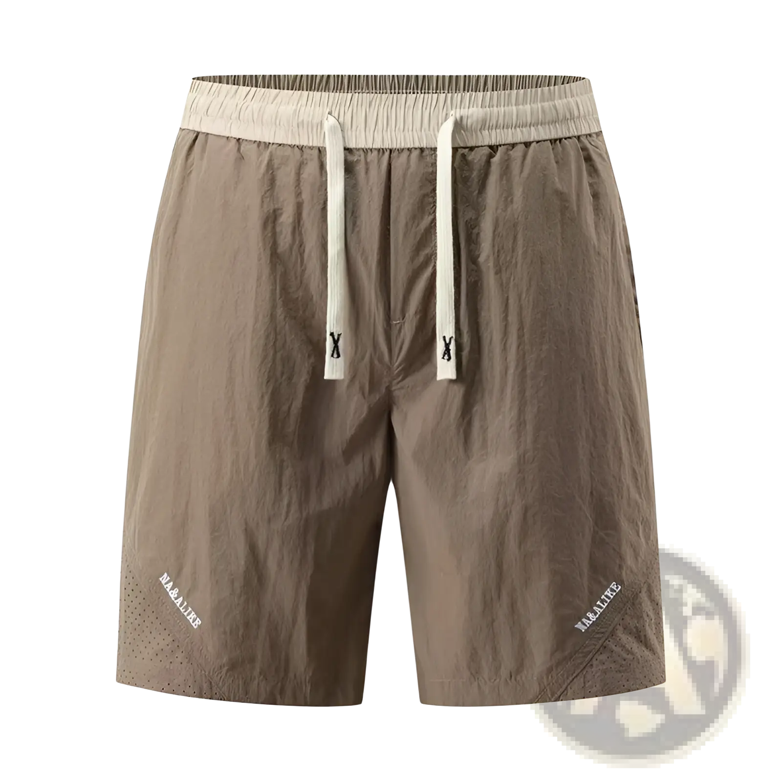 Beige nylon men casual straight cut shorts with matching drawstring waistband and subtle m&lite branding on lower legs