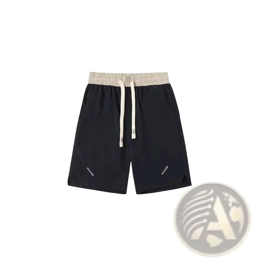 Men casual straight cut nylon shorts in black with beige elastic waistband white drawstrings and salice branding