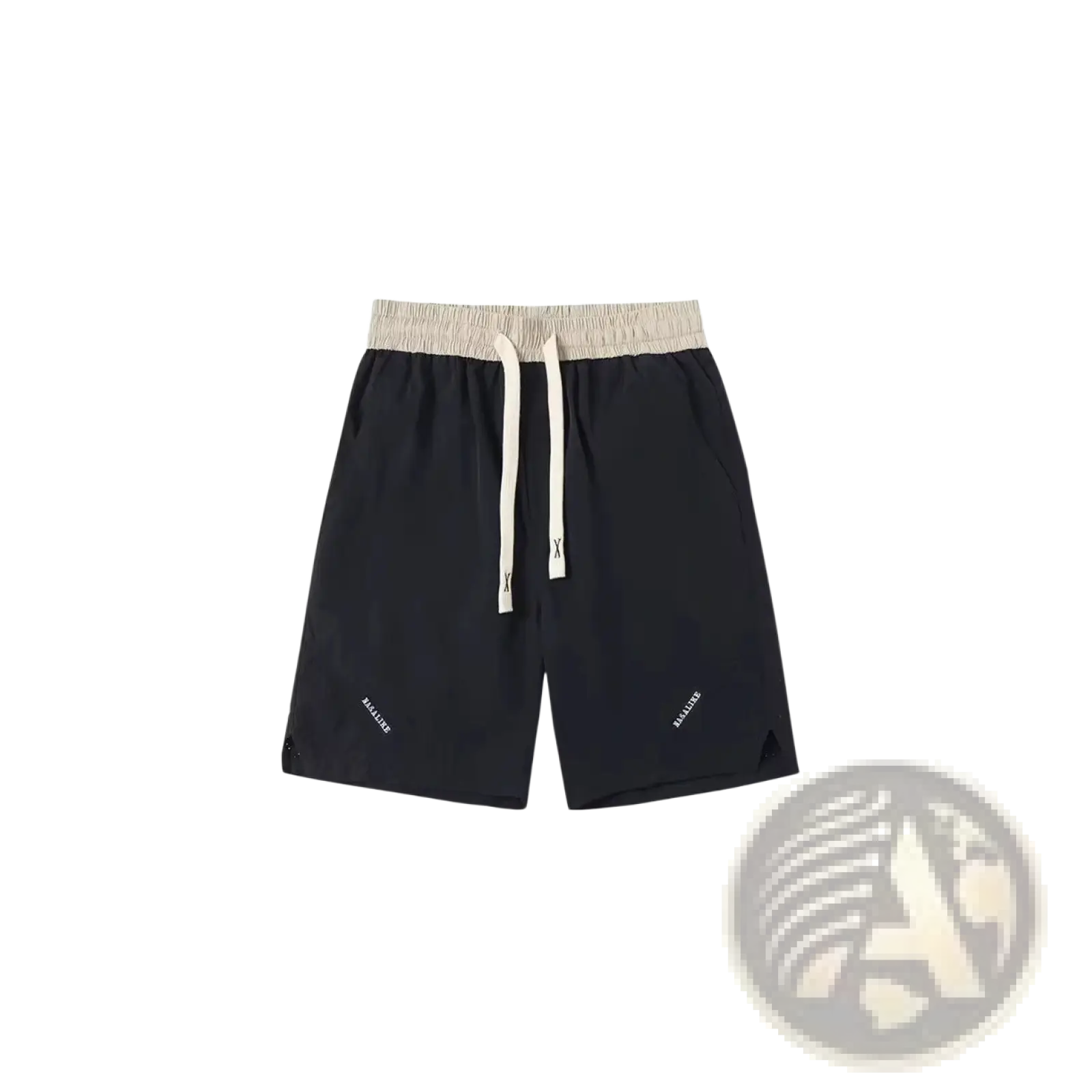 Men casual straight cut nylon shorts in black with beige elastic waistband white drawstrings and salice branding