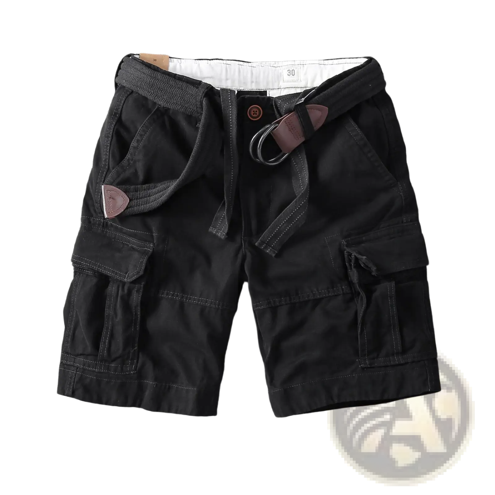 Men casual straight leg cargo pants in black with multiple pockets drawstring waistband and brown leather belt loop accents