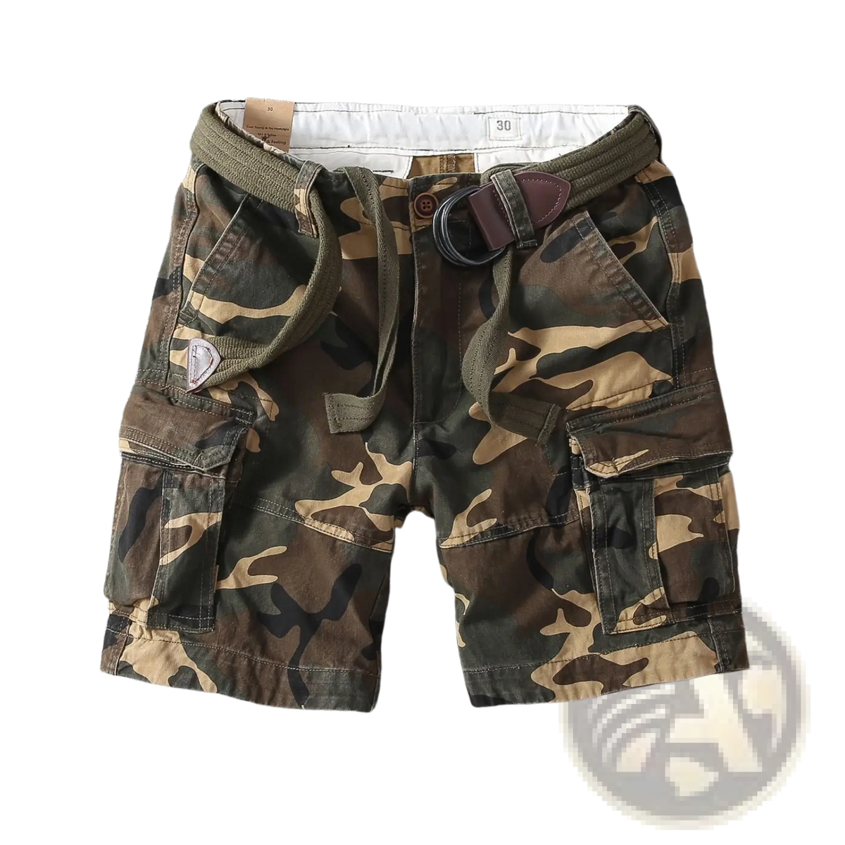 Men casual straight leg cargo pants featuring camouflage shorts with olive green drawstring waistband and brown leather belt buckle