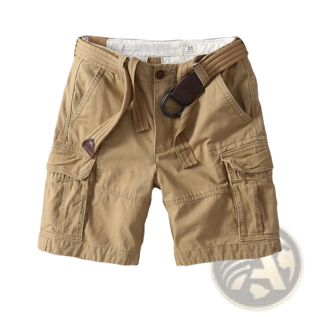 Men casual straight leg cargo pants in beige with multiple pockets drawstring waistband and brown leather belt loop
