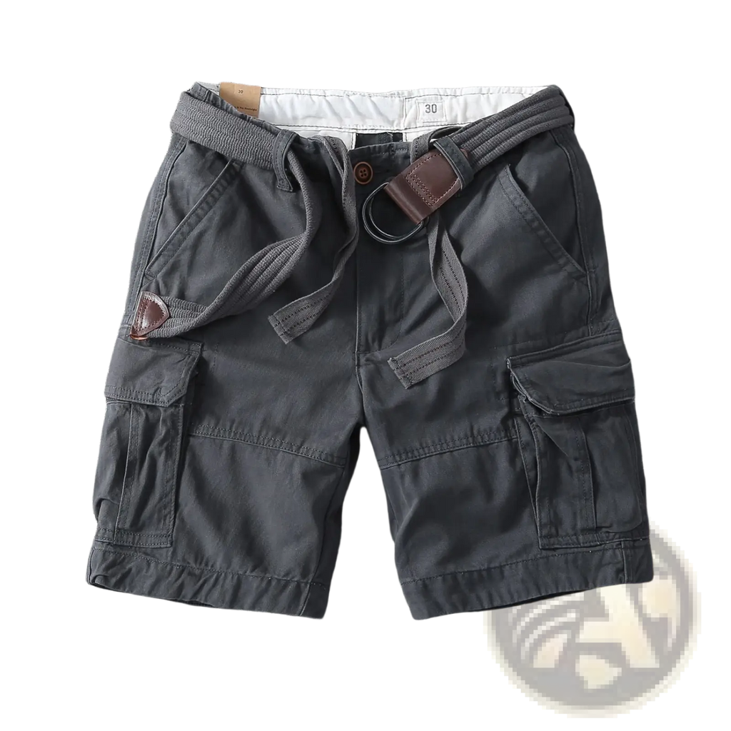 Men casual straight leg cargo pants in dark gray with multiple pockets, drawstring waistband, and brown leather accents
