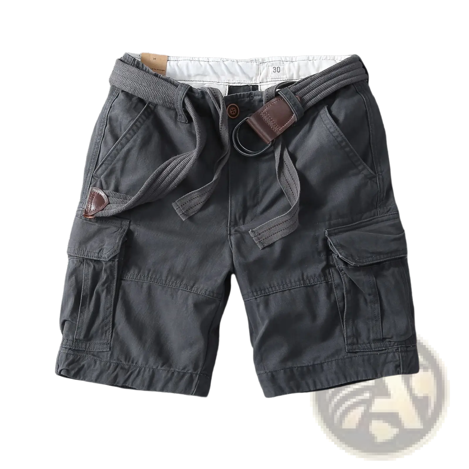 Men casual straight leg cargo pants in dark gray with multiple pockets, drawstring waistband, and brown leather accents