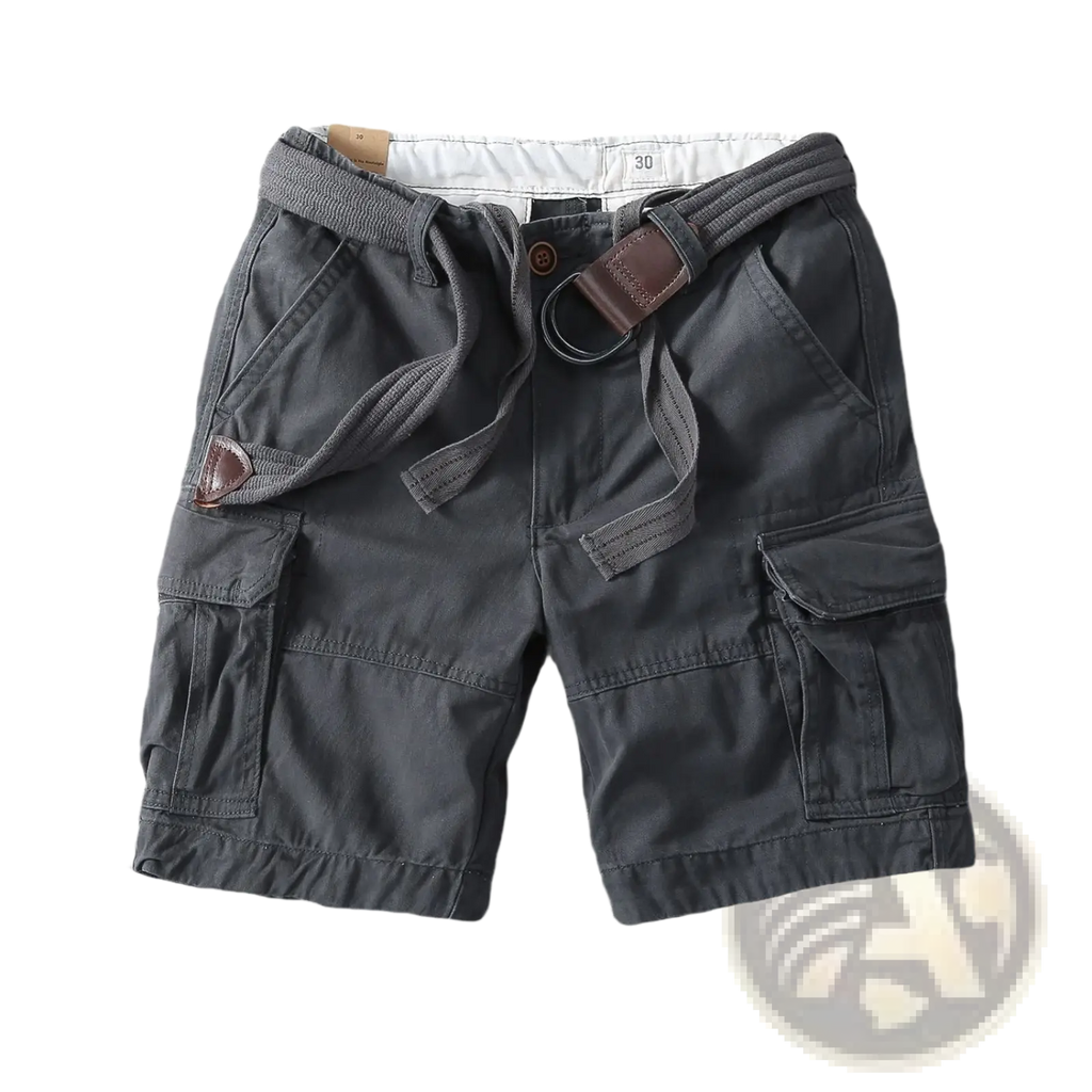 Men casual straight leg cargo pants in dark gray with drawstring waistband and brown leather belt loop accents