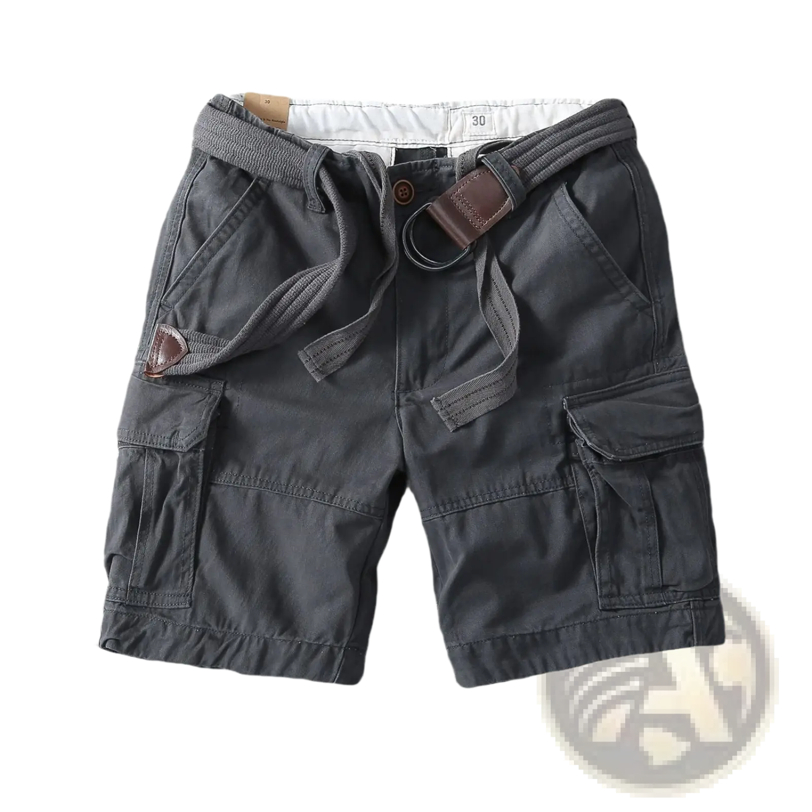 Men casual straight leg cargo pants in dark gray with drawstring waistband and brown leather belt loop accents
