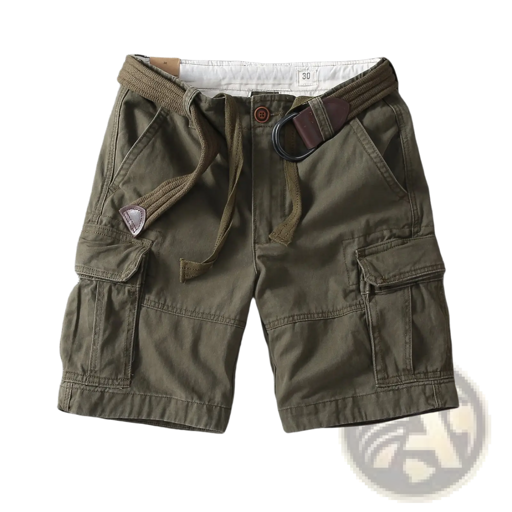 Men casual straight leg cargo shorts in olive green with drawstring waistband multiple pockets and brown leather belt loop accents