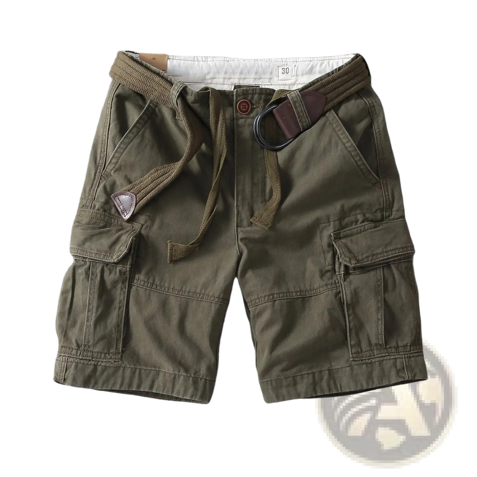 Men casual straight leg cargo shorts in olive green with drawstring waistband multiple pockets and brown leather belt loop accents