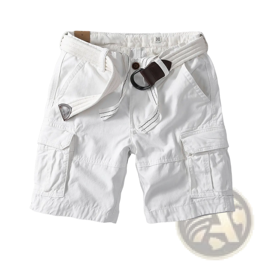 Men casual straight leg white cargo shorts with multiple pockets and stitched detailing featuring a matching belt