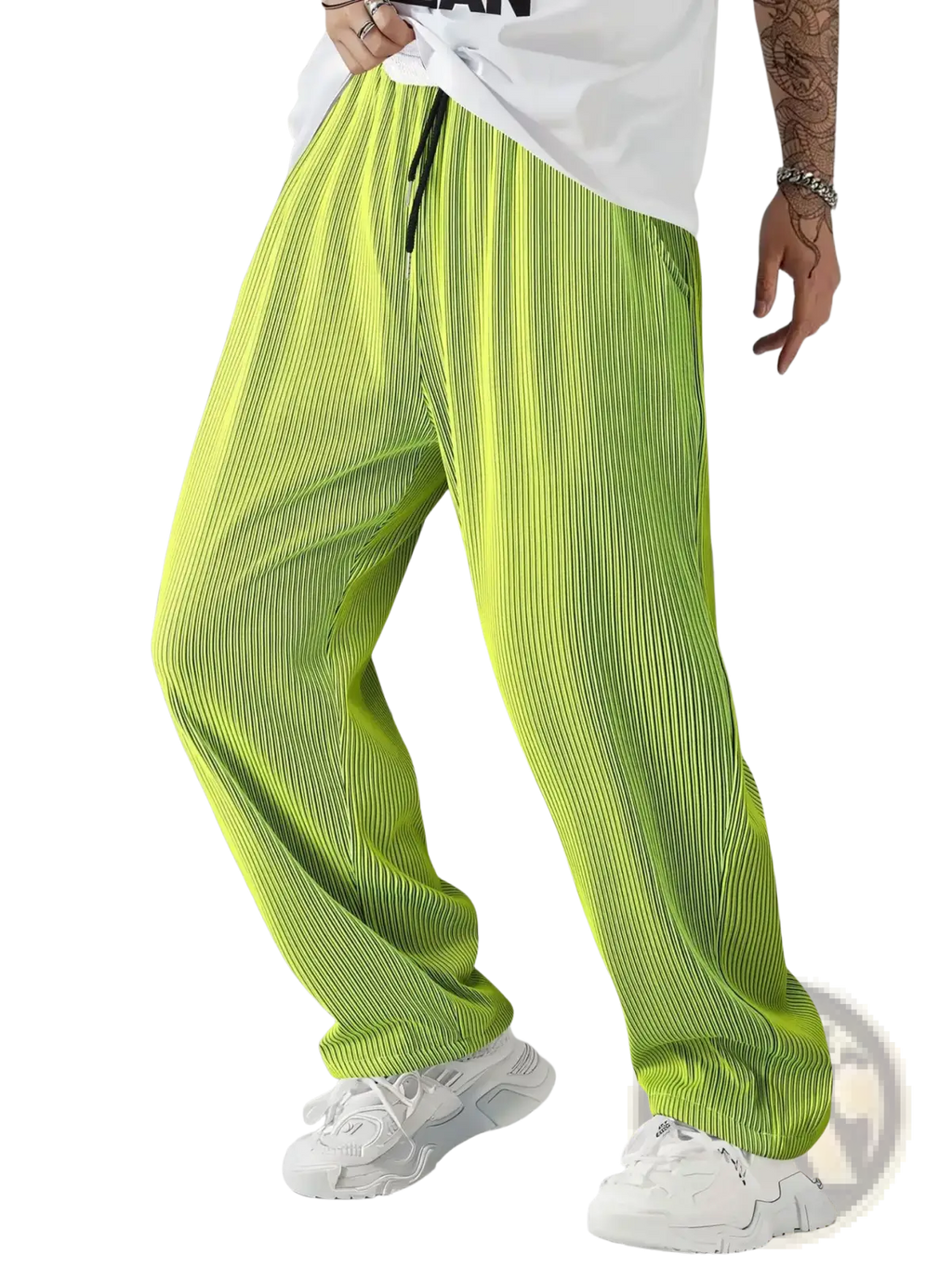 Men casual streetwear corduroy pants in vibrant lime green with pleated tapered fit and black drawstring waistband
