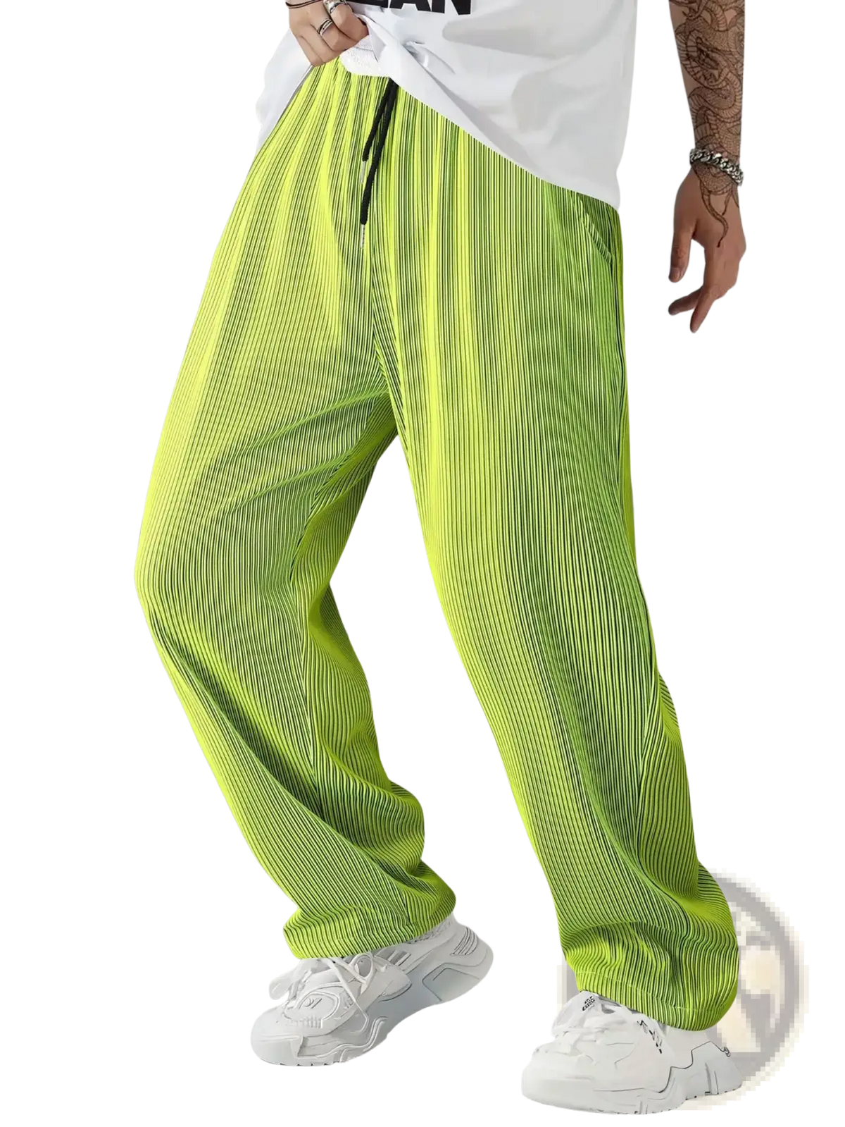 Men casual streetwear corduroy pants in vibrant lime green with pleated tapered fit and black drawstring waistband