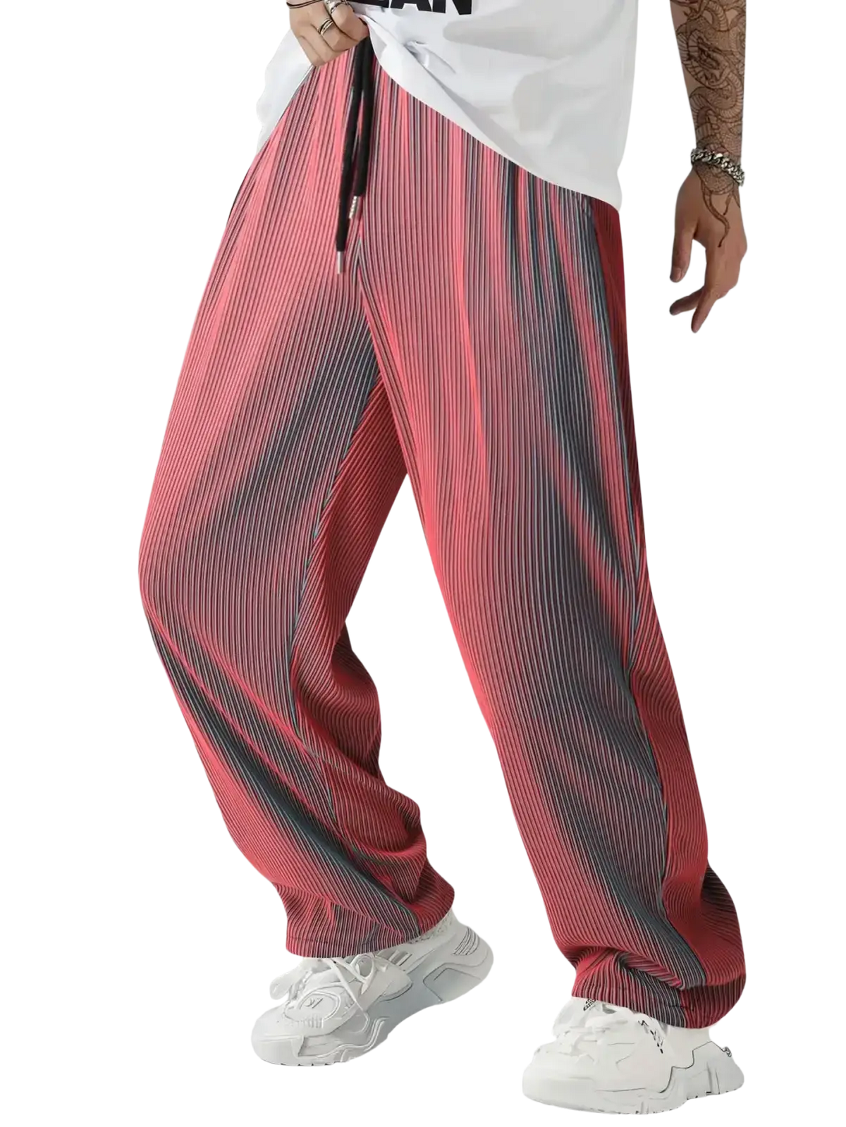Men casual streetwear pink and gray vertically striped corduroy pleated pants with drawstring waistband