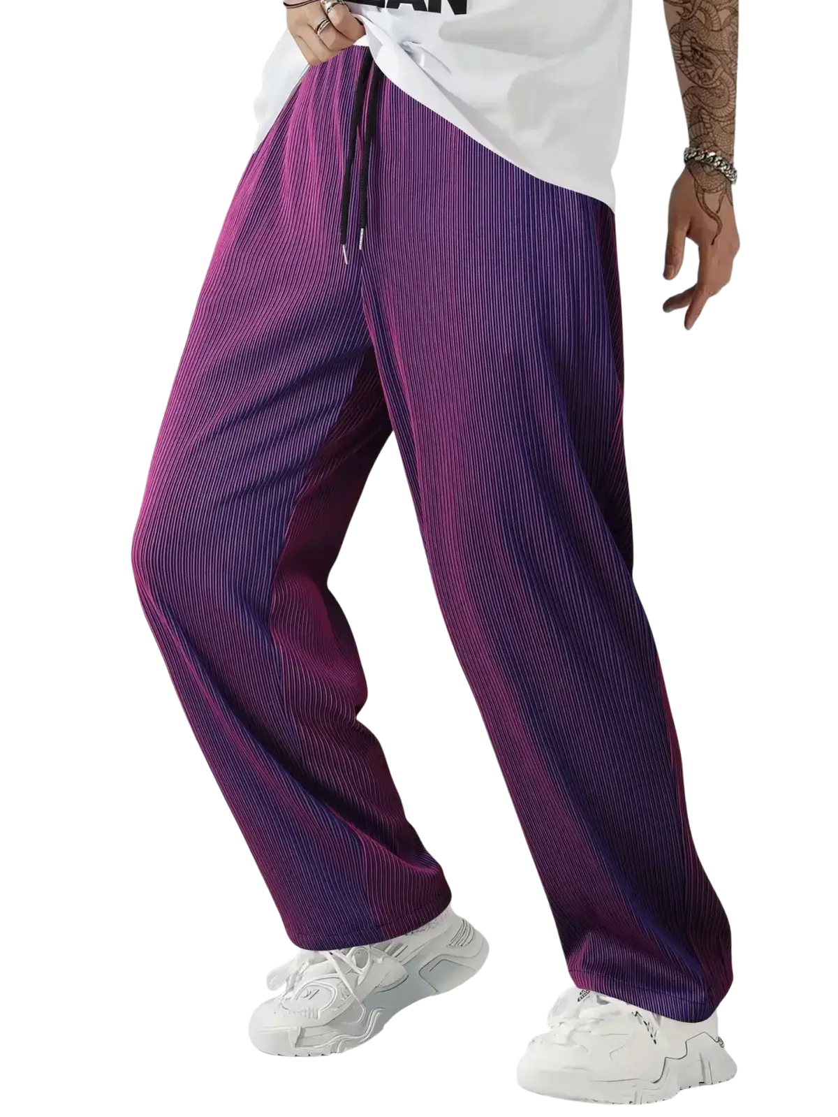 Purple corduroy men casual streetwear pants with vertical ribbed texture and drawstring waistband for casual streetwear
