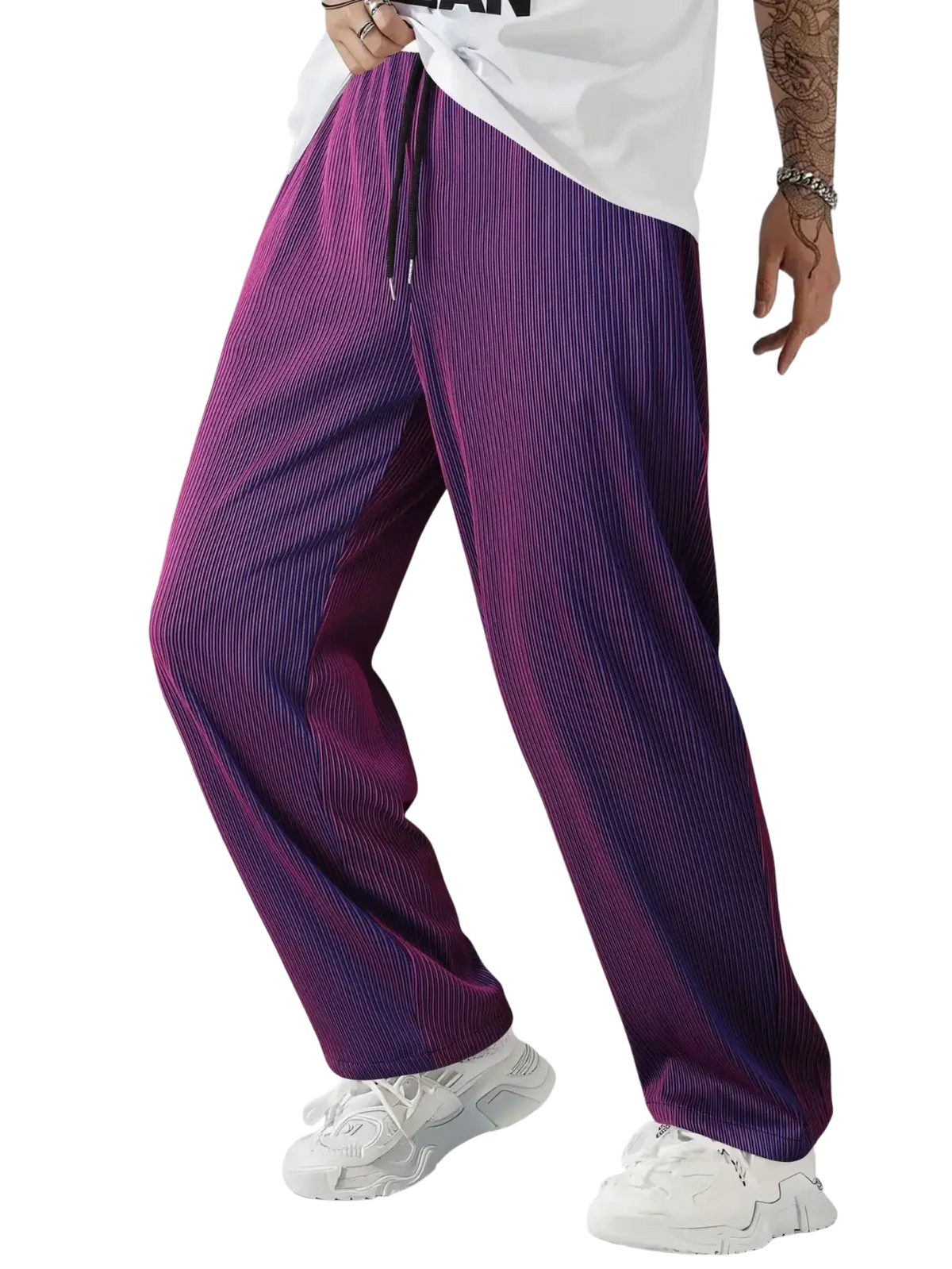 Men casual streetwear purple corduroy pants with vertical stripes and a drawstring waistband for comfort