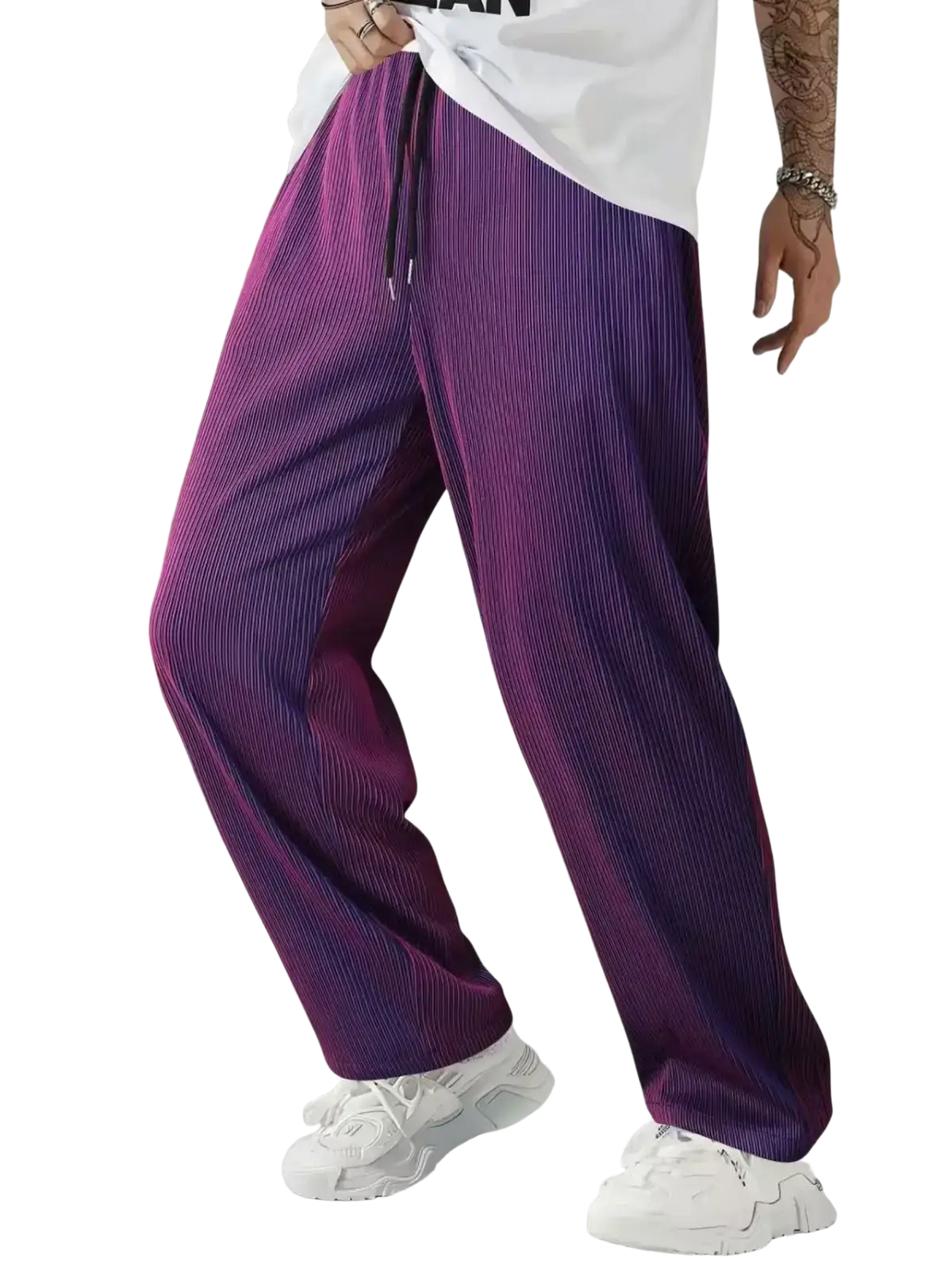 Men casual streetwear purple corduroy pants with vertical ribbed texture and drawstring waistband for casual use