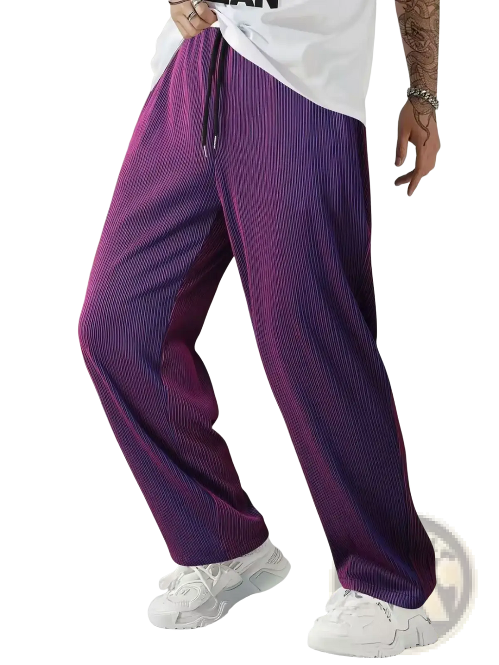 Men casual streetwear purple corduroy pants with vertical stripes and drawstring waistband for comfortable wear