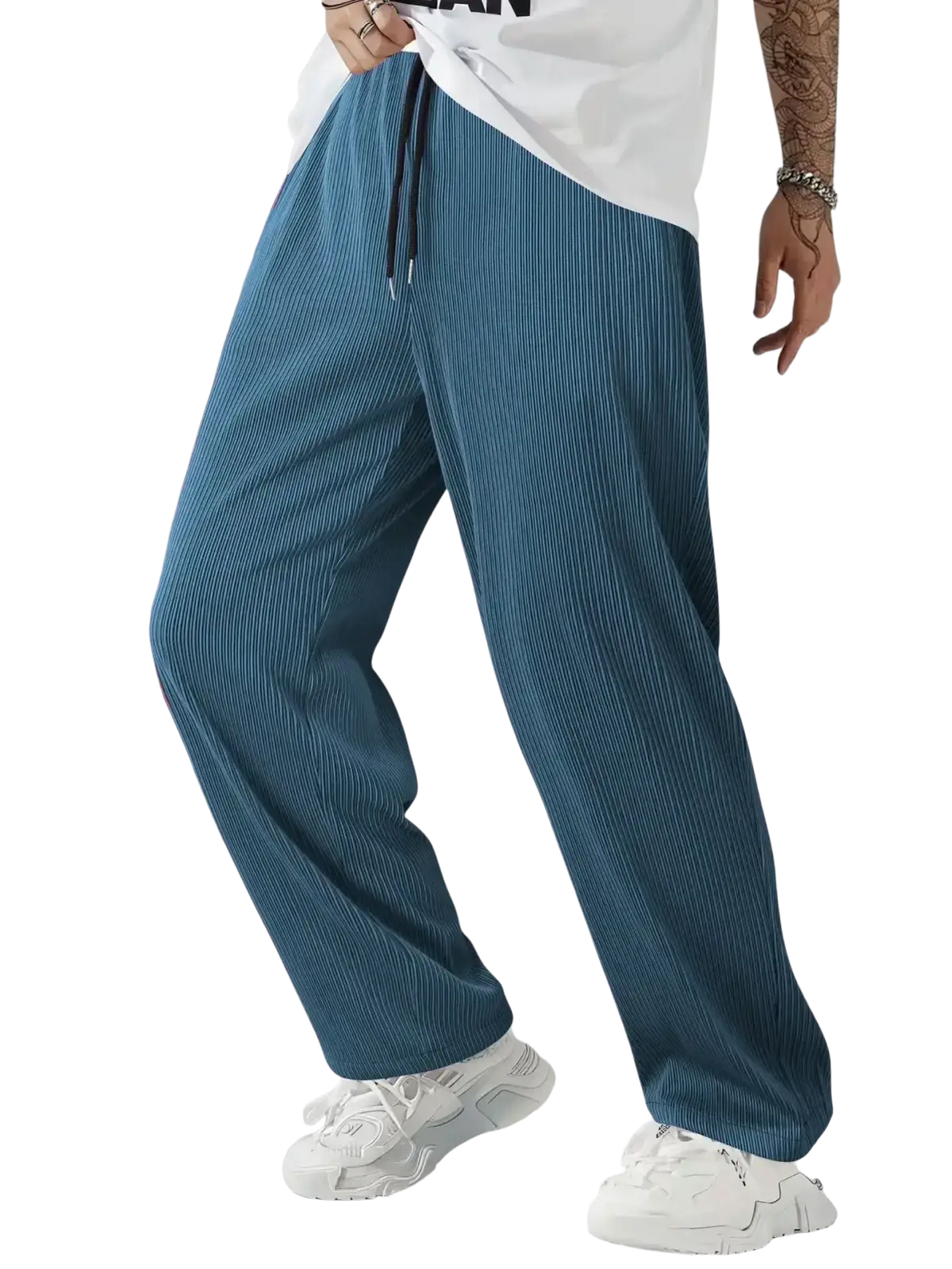 Teal corduroy men casual streetwear pants with relaxed fit and black drawstring waistband for casual streetwear
